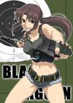  black_lagoon brown_eyes brown_hair cigarette collarbone denim denim_shorts dual_wielding fingerless_gloves gloves gun holding koutaro long_hair midriff navel ponytail revy_(black_lagoon) short_shorts shorts smoke smoking solo tank_top tattoo weapon 