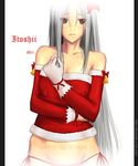  blush breasts christmas flower ga-rei ga-rei_zero groin hair_flower hair_ornament illusionk isayama_mei large_breasts long_hair panties red_eyes red_panties santa_costume side-tie_panties silver_hair solo underwear 