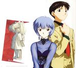  2girls absurdres adjusting_clothes adjusting_necktie artbook ayanami_rei blue_hair brown_hair christmas dress earrings formal hasegawa_shin'ya highres ikari_shinji jewelry multiple_girls necktie neon_genesis_evangelion official_art red_eyes short_hair souryuu_asuka_langley suit younger 