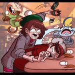  1boy 1girl angry animal beanie beret bottle brown_eyes brown_hair creatures_(company) crying eyebrows female_protagonist_(pokemon_swsh) game_freak gen_8_pokemon grookey hat highres male_protagonist_(pokemon_swsh) matching_hair/eyes nintendo open_mouth pokemon pokemon_swsh shirt short_hair skirt sobble tail teeth weapon 