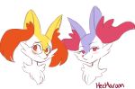  2girls alternate_color animal_ear_fluff animal_ears artist_name bespectacled blush braixen closed_mouth creatures_(company) face female fox_ears furry game_freak gen_6_pokemon glasses half-closed_eyes happy looking_to_the_side mezmaroon multiple_girls nintendo no_humans pokemon pokemon_(creature) red_eyes shiny_pokemon signature simple_background smile white_background 