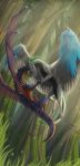  2019 blue_eyes blue_feathers detailed_background digital_media_(artwork) dragon duo feathered_dragon feathered_wings feathers feral flying forest green_hair hair horn keltaan scalie tree western_dragon white_feathers wings 