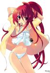  absurdres adjusting_hair alastor_(shakugan_no_shana) armpits camisole flat_chest highres huge_filesize incredibly_absurdres itou_noiji jewelry lingerie long_hair mouth_hold navel no_pants open_clothes open_shirt panties pendant ponytail red_eyes red_hair shakugan_no_shana shana shirt solo underwear 