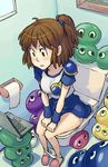  2005 arle_nadja bathroom blue_skirt brown_eyes brown_hair computer half_updo laptop madou_monogatari mariel_cartwright panties panty_pull ponytail puyo_(puyopuyo) puyopuyo skirt toilet toilet_use underwear 