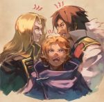  1girl 2boys alucard_(castlevania) blonde_hair blue_eyes blue_hair brown_hair castlevania castlevania_iii:_dracula&#039;s_curse coat garmmy gloves long_hair male_focus multiple_boys open_mouth ralph_c_belmondo scar simple_background smile sypha_belnades weapon white_hair 