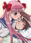  blue_eyes blush bow breast_press breasts brown_hair hair_bow haramura_nodoka hirokawa_kouichirou kiyosumi_school_uniform large_breasts licking long_hair miyanaga_saki multiple_girls pillow pink_hair saki saliva school_uniform serafuku short_hair sleeping tongue twintails yuri 