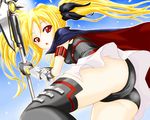  :o arm_strap ass bad_id bad_pixiv_id bangs bardiche beltbra black_gloves blonde_hair blue_sky breasts buckle cowboy_shot dansa day dutch_angle fate_testarossa floating_hair foreshortening from_below from_side gloves gradient gradient_background hair_ribbon halberd holding holding_weapon leotard long_hair looking_at_viewer looking_back lyrical_nanoha magical_girl mahou_shoujo_lyrical_nanoha mahou_shoujo_lyrical_nanoha_a's miniskirt outdoors outline pleated_skirt polearm red_eyes ribbon sidelocks skirt sky small_breasts solo sun surprised thighhighs twintails upskirt vambraces weapon 