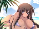  beach bikini blush breasts brown_hair cleavage cloud dark_skin day huge_breasts long_hair nanakorobi_yaoki ocean original outdoors purple_eyes sky solo sweat swimsuit very_long_hair water 