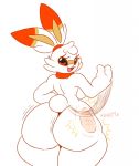  2019 anthro big_butt breasts butt female fur kirbot12 looking_at_viewer looking_back motion_line nintendo nude orange_eyes pok&eacute;mon pok&eacute;mon_(species) rear_view scorbunny simple_background solo spanking video_games white_background white_fur 