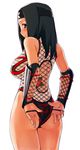  adjusting_clothes artist_request ass benikage black_hair blush breasts brown_eyes fishnets from_behind large_breasts looking_back rumble_roses sideboob simple_background solo source_request white_background 