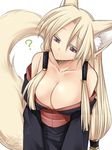  ? animal_ears bad_id bad_pixiv_id blonde_hair breasts cleavage fox_ears fox_tail itsuka_(konshin) japanese_clothes kimono konshin large_breasts long_hair off_shoulder original purple_eyes solo tail 