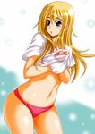  blonde_hair blue_eyes clothes_writing commentary_request curvy k-on! kotobuki_tsumugi long_hair navel no_pants older panties pink_panties shirt shirt_lift solo t-shirt taihei_tengoku underwear 