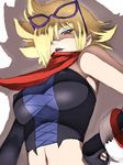  bare_shoulders blonde_hair breasts copyright_request covered_nipples elbow_gloves eyeshadow fingerless_gloves fumio_(rsqkr) glasses gloves hair_over_one_eye large_breasts lipstick makeup midriff red_eyes scarf short_hair sketch solo spiked_hair underboob 