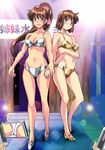  amatsu_ai amatsu_mai bikini blush breasts brown_hair camera catwalk cleavage high_heels holding_hands kou_(rall_oukoku) long_hair medium_breasts midriff multiple_girls ponytail purple_eyes shoes short_hair siblings sisters stripper sweat swimsuit twin_angels twins viewfinder 