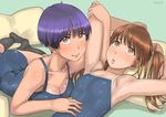  armpits arms_up ayumu_(zenkou) blush breast_rest breasts brown_eyes brown_hair character_request cleavage dated green_background looking_afar looking_at_viewer lying medium_breasts multiple_girls on_back one-piece_swimsuit original parted_lips pillow purple_hair school_swimsuit shiny shiny_skin short_hair simple_background small_breasts smile socks swimsuit tan twintails zenkou 