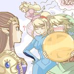  1boy 3girls blonde_hair bodysuit crown elf elf_ears link lowres mario_(series) metroid multiple_girls nintendo pointy_ears princess_peach princess_zelda samus_aran super_mario super_mario_bros. super_smash_bros. the_legend_of_zelda trophy_stand zero_suit 