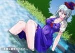  angeldust blue_hair breasts cleavage covered_nipples hat kamishirasawa_keine large_breasts long_hair red_eyes solo touhou water wet wet_clothes wince 