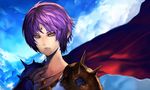  bad_id bad_pixiv_id blue_eyes cape copyright_request day eel_(artist) facial_mark forehead_mark jewelry pendant purple_hair short_hair shoulder_pads sky solo 