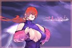  bare_shoulders breasts cleavage_cutout clenched_hand cropped_jacket detached_sleeves earrings hair_over_eyes huge_breasts jewelry lightning lipstick long_hair makeup odekoh off_shoulder ponytail red_hair shermie solo the_king_of_fighters 