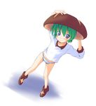  :3 ankle_boots blush boots child dutch_angle food_themed_clothes full_body green_hair hat no_pants panties personification purple_eyes shiitake-chan shirt short_hair simple_background solo striped striped_panties uchida_tomohiko underwear 