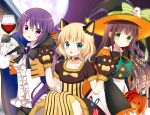  3girls animal_ears bell bell_choker black_gloves black_hat blonde_hair blush bow braid brown_hair cat_ears cat_paws choker closed_mouth cup drinking_glass eyebrows_visible_through_hair fake_animal_ears gloves gochuumon_wa_usagi_desu_ka? green_eyes hair_bow halloween halloween_costume hat highres kirima_sharo kneehighs long_hair looking_at_viewer multiple_girls night open_mouth orange_bow outdoors parted_lips paws purple_eyes purple_hair ryoutan short_hair smile striped striped_legwear tedeza_rize ujimatsu_chiya vertical-striped_legwear vertical_stripes wine_glass witch_hat yellow_legwear 