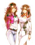  breasts brown_eyes brown_hair crossover denim gundam gundam_00 gundam_seed jeans large_breasts long_hair mameezu military military_uniform multiple_girls murrue_ramius pants sumeragi_lee_noriega uniform 