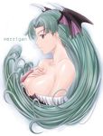  aqua_hair bangs bare_shoulders bat_wings breasts character_name cleavage demon_girl demon_wings from_side green_hair hand_on_own_chest head_wings large_breasts long_hair morrigan_aensland parted_bangs parted_lips profile purple_wings solo succubus tonbidou upper_body vampire_(game) very_long_hair wings 