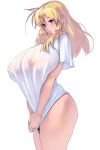  1girl antenna_hair blonde_hair blue_eyes bottomless breasts commentary_request cowboy_shot erect_nipples highres huge_breasts looking_at_viewer masao medium_hair nipples no_bra original see-through shirt shirt_tug solo t-shirt thick_thighs thighs white_background 