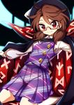  1girl absurdres baba_(baba_seimaijo) bolo_tie bow brown_hair cape commentary_request fedora glasses hat hat_bow highres kneehighs kneeling long_sleeves looking_at_viewer low_twintails plaid plaid_skirt plaid_vest purple_skirt purple_vest red-framed_eyewear red_eyes semi-rimless_eyewear shirt skirt smile solo touhou twintails under-rim_eyewear usami_sumireko vest white_bow white_legwear white_shirt 
