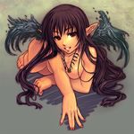  1girl ac_milan artist_request breasts brown_hair character_request demon demon_girl demon_wings jewelry long_hair looking_at_viewer lying nail_polish necklace nude personification pointy_ears red_eyes smile soccer solo source_request wings yoko_juusuke 