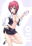  betanya bow bowtie breasts card cleavage croupier green_eyes holding holding_card large_breasts miniskirt no_bra open_clothes open_shirt pencil_skirt red_hair rio_rollins shirt short_hair skirt solo super_blackjack 