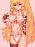 bandages blonde_hair blue_eyes breasts drill_hair fumio_(rsqkr) fundoshi gloves japanese_clothes large_breasts long_hair mouth_hold nipples original sarashi single_thighhigh sketch solo thighhighs 