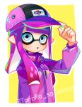  1girl :o adjusting_clothes adjusting_hat bangs baseball_cap blunt_bangs domino_mask hat inkling jacket long_hair long_sleeves mask o_(maru14mori) pointy_ears purple_hair purple_jacket silhouette silver_eyes solo splatoon splatoon_(series) splatoon_2 tentacle_hair twitter_username upper_body 