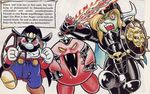  2boys armor comic fangs fire_sword german kirby kirby_(series) link lowres mario mario_(series) multiple_boys nintendo shield super_mario_bros. sword text the_legend_of_zelda translated translation_request weapon whip 