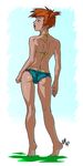  ass back bare_shoulders barefoot bikini_top denim denim_shorts from_behind ganassa green_eyes gym_leader kasumi_(pokemon) lips lipstick makeup muscle orange_hair pokemon short_hair short_shorts shorts side_ponytail solo tiptoes 