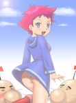  apostle ass bald blue_eyes blush boots doseisan dress hood hoodie kumatora looking_back mother_(game) mother_3 multiple_boys open_mouth panties pink_hair short_hair skirt smile underwear 