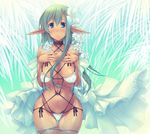  bikini blue_eyes breast_suppress breasts choker curvy dark_elf dark_skin dress elf flower green_hair hair_flower hair_ornament huge_breasts long_hair micro_bikini navel original pointy_ears shibarikini shimakaze solo sparkle swimsuit thigh_gap thighhighs wet wide_hips 