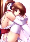  breasts bridal_gauntlets brown_eyes brown_hair choker dead_or_alive iizuki_tasuku kasumi_(doa) large_breasts leg_hug long_hair no_bra panties pelvic_curtain pink_panties ponytail sideboob smile solo thighhighs underwear white_legwear 