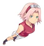  1girl arm_warmers artist_request bare_shoulders bike_shorts black_boots boots foreshortening from_above green_eyes haruno_sakura headband headdress konohagakure_symbol looking_at_viewer looking_up lowres miniskirt naruto naruto_shippuuden open_toe_shoes pink_hair red_shirt shirt short_hair shorts shorts_under_skirt side_slit simple_background skirt sleeveless sleeveless_shirt solo standing white_background white_skirt zipper 