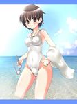  armpits bad_id bad_pixiv_id bare_shoulders breasts brown_eyes brown_hair cameltoe covered_nipples glasses highleg highleg_swimsuit k-on! manabe_nodoka medium_breasts one-piece_swimsuit paopao short_hair solo swimsuit towel wading water wet wide_hips 