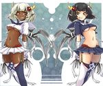  bandages belt black_hair breasts dark_skin demon_girl garter_belt groin horns large_breasts midriff multiple_girls navel original pochi_(pochi-goya) pointy_ears polar_opposites short_hair smile succubus symmetry thighhighs underboob white_hair wings yellow_eyes zettai_ryouiki 