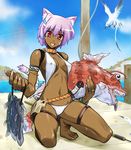  animal_ears barefoot bird breasts cat_ears covered_nipples dark_skin day dock fang fingernails fish itoji jewelry kneeling navel original purple_hair red_eyes ring short_hair sky slingshot_swimsuit small_breasts solo sweat swimsuit tail thigh_strap water wet 