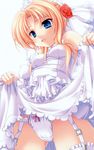  absurdres blonde_hair blue_eyes bow bow_panties bridal_veil bride dress dress_lift flower garter_belt garters hair_flower hair_ornament highres kanojo_tachi_no_ryuugi miyama-zero panties shirogane_tobari solo thighhighs underwear veil wedding_dress white_panties 