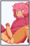  1boy absurdres blue_eyes blush_stickers bottomless erection eyelashes fridge_(artist) highres huge_penis kirby kirby_(series) large_penis looking_at_viewer male_focus nintendo penis personification pink_hair presenting sitting smile spread_legs sweater testicles uncensored white_background 