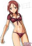  bikini bikini_under_clothes front-tie_top groin midriff minna-dietlinde_wilcke navel red_eyes red_hair shadow signature sketch solo strike_witches swimsuit swimsuit_under_clothes takamura_kazuhiro watermark world_witches_series 