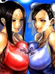  breast_press breasts brown_eyes brown_hair bun_cover chun-li covered_nipples crossover daniel_fernando_sanchez large_breasts multiple_girls nipples shiranui_mai short_hair smirk street_fighter sun sweat swimsuit symmetrical_docking the_king_of_fighters 