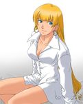  blonde_hair blue_eyes breasts cleavage dress_shirt k-ma large_breasts long_hair lowres ratchet_altair sakura_taisen sakura_taisen_v shirt sitting smile 