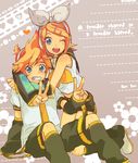  1girl bad_id bad_pixiv_id blonde_hair blue_eyes brother_and_sister hair_ornament hair_ribbon hairclip headphones hero_(dka) highres hug kagamine_len kagamine_rin one_eye_closed ribbon short_hair siblings smile twins v vocaloid 