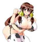  1girl animal_ears animal_tail bell bikini breasts brown_eyes brown_hair cow_bell cow_ears cow_girl cow_print cow_tail cowbell horns huge_breasts long_hair plump solo swimsuit tail 