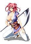  bad_id bad_pixiv_id banned_artist blush breasts cleavage highres large_breasts onozuka_komachi red_eyes red_hair s_tanly sandals scythe smile solo thighhighs touhou two_side_up 